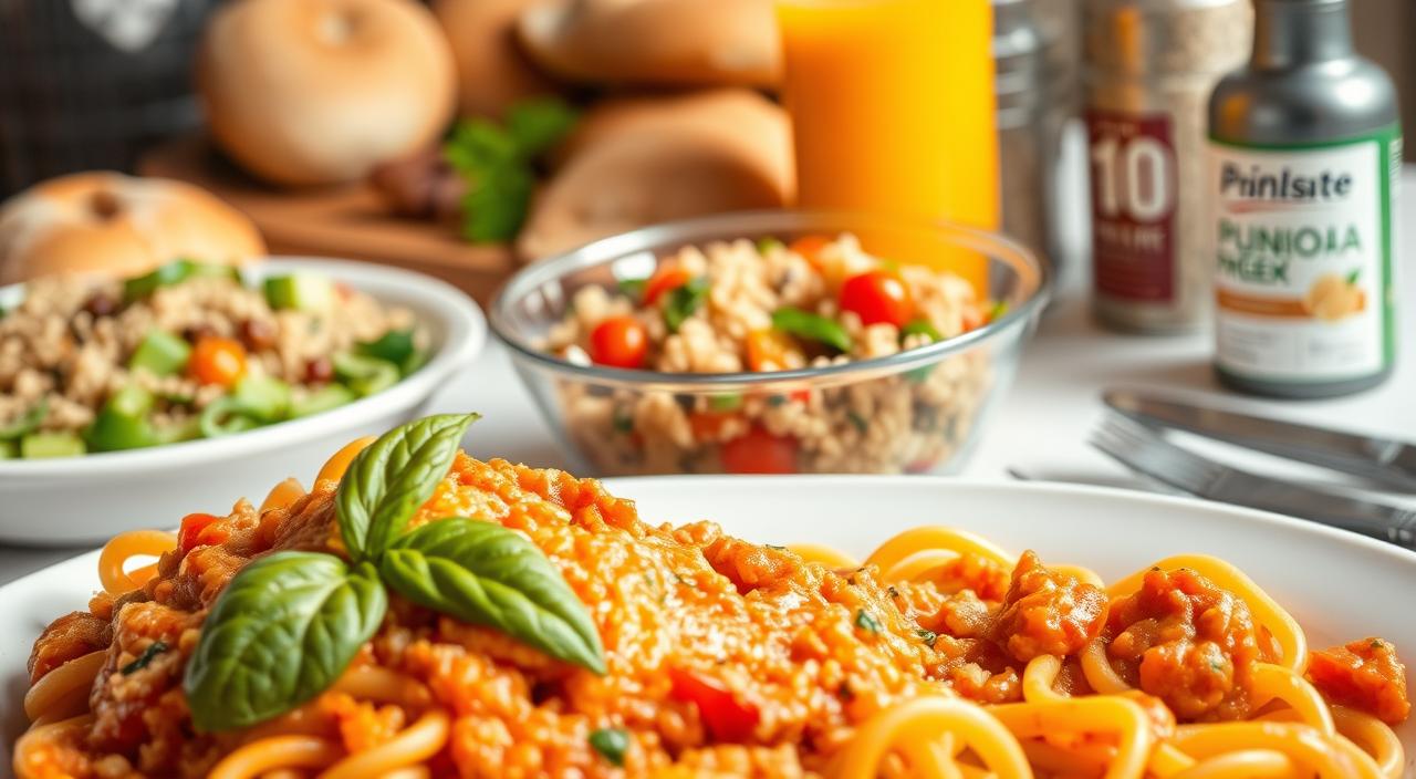 Crie uma imagem realista e informativa representando o conceito de consumo de carboidratos à noite. A cena deve transmitir reflexão, alimentação saudável e rotina noturna. Mostre uma pessoa jantando em um ambiente acolhedor e bem iluminado, como uma sala de jantar ou cozinha moderna durante a noite. Na mesa, inclua pratos variados contendo carboidratos como massas, pães ou arroz, acompanhados por alimentos saudáveis como vegetais e proteínas. Ao fundo, pode haver um relógio indicando horário noturno (por volta das 20h) e uma iluminação suave e quente sugerindo aconchego. A pessoa parece pensativa ou equilibrando porções de comida, sugerindo uma preocupação ou reflexão sobre hábitos alimentares noturnos. A paleta de cores deve incluir tons neutros e quentes, transmitindo conforto e relaxamento. O estilo deve ser clean e natural, ideal para ilustrar a discussão sobre o impacto do consumo de carboidratos à noite na saúde e bem-estar.
