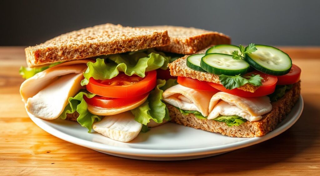 sanduíches integrais com frango e verduras
